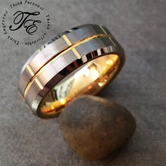 Men's Real Tungsten Promise Ring Brushed Steel 14k Gold Grooves - Guy's Ring - Picture 1 of 10